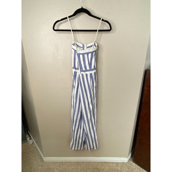 American Eagle Women’s Blue/White Striped Button-Front Jumpsuit XS Linen Blend - Picture 3 of 8